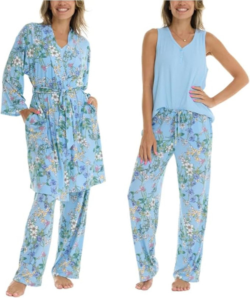 Flora Nikrooz FN Women's 3 Piece Super Soft Lounge PJ Sleep Set, Robe, Blue, X-Small