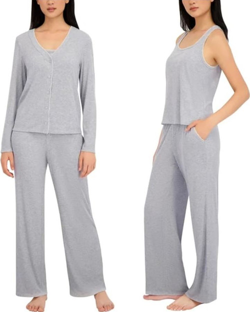 Live2Lounge Women’s 3 Piece Picot Ribbed Pajama Lounge Set, Gray, 2X-Large