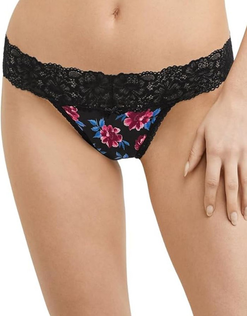 Maidenform Women's Luxurious Lace Thong Panty, Black Rosebud Garden, Large