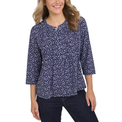 Lands' End Women's Pintuck 3/4 Sleeve Top, Navy, Large