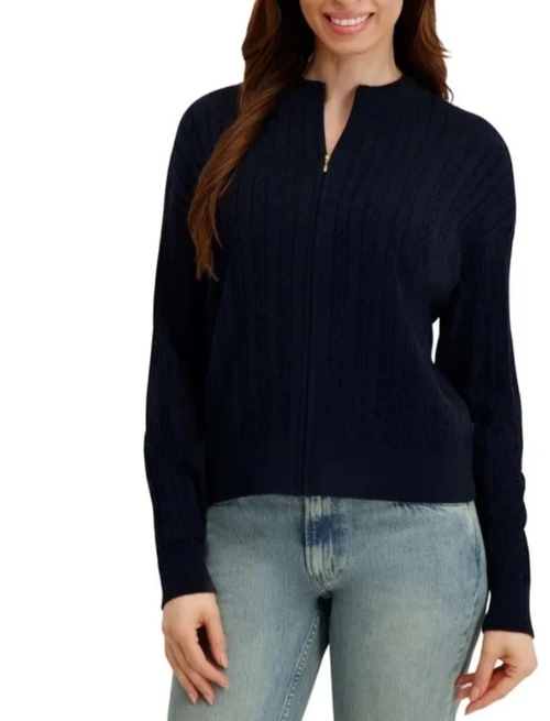 Nautica Jeans Women's Cable Knit Full-Zip Sweater, Navy, Medium
