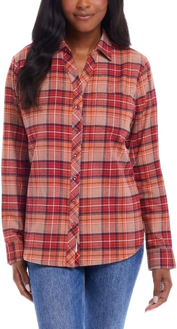 Weatherproof Vintage Women Classic Fit Long Plaid Flannel Shirt, Orange, X-Small