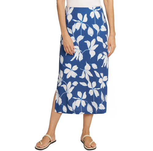 Matty M Women's Floral Pattern Linen Blend Skirt, Blue, Small