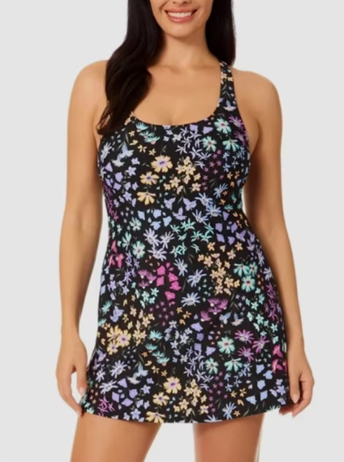 Lands' End Women's Floral One Piece Swimsuit Dress, Black, X-Large