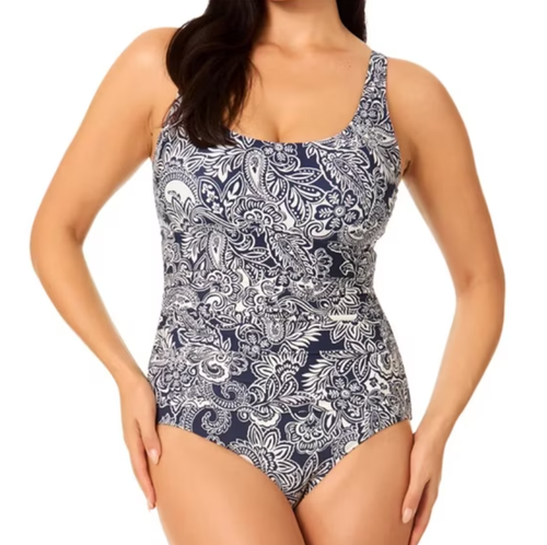 Lands' End Women's One Piece  Paisley Swimsuit, White, Large