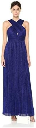 Nicole Miller New York Women's Cross Over Neck Pleated Metallic Gown, Cobalt, 2