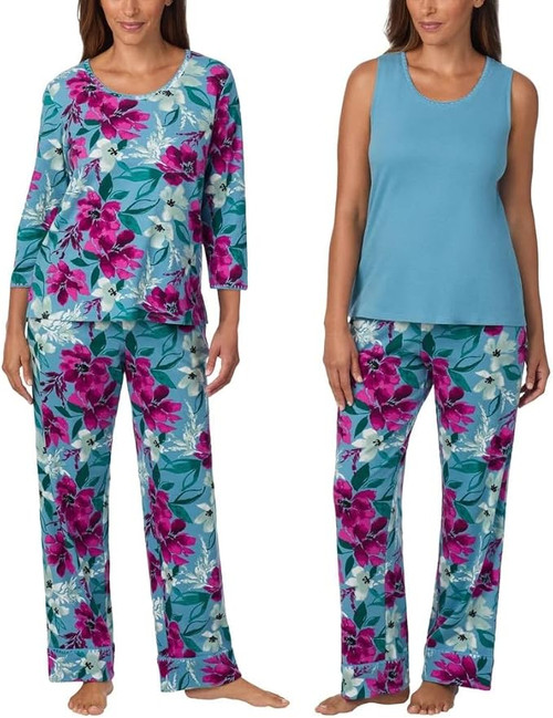 Carole Hochman Midnight Women’s 3-Piece Lightweight Cotton Pajama Set, Blue, Large