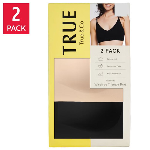 True & Co Women's Wirefree Bra 2-Pack, Black/Nude, Small