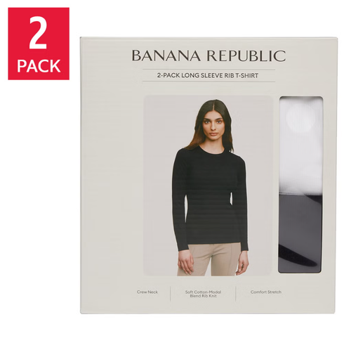Banana Republic Women's 2-Pack Long Sleeve Rib T-Shirt, Black/White, Medium