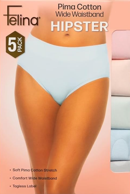 Felina Womens 5 Pack Pima Cotton Wide Waistband Hipster, Light Multicolor, X-Large