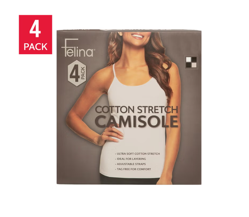 Felina Women's Cotton Stretch Camisole, 4-pack, White/Black, Medium
