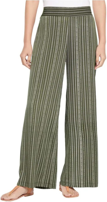 Three Dots Women's Pull-On Wide Leg Pant with Pockets, Olive Slash Dot, Small