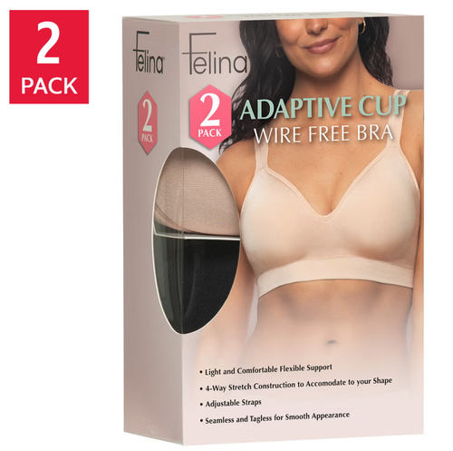 Felina Women's 2 Pack Adaptive Cup Wire Free Bra, Nude/Black, Large