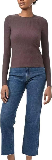 Splendid Women's Long Sleeve Ribbed Crewneck Top, Brown, Medium