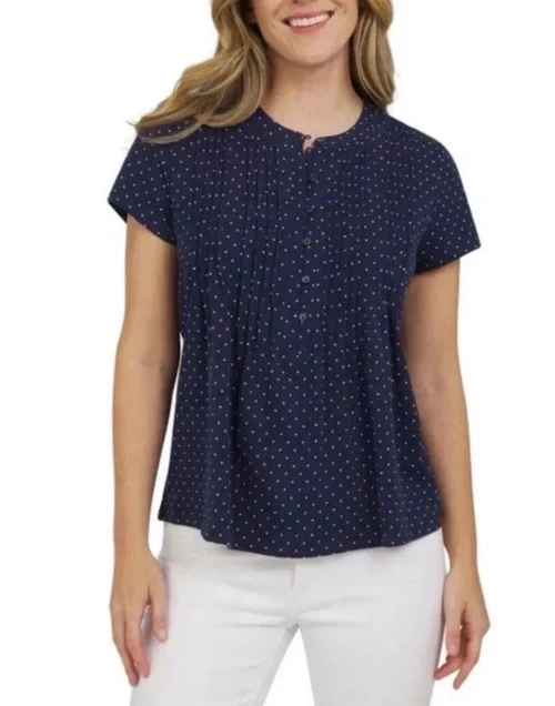 Lands’ End Women’s Navy Polka Dot Pintuck Knit Henley Top, Navy, Medium