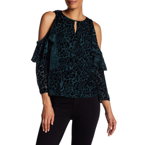 Nanette Lepore Women's Cold Shoulder Long Sleeve Velvet Top, Evergreen,  Small