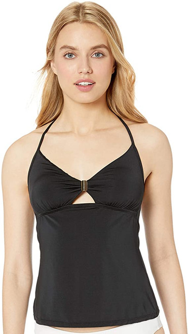 BCBGMAXAZRIA Fitted V-Neck Sweetheart Trim Solid Color Tankini, Black, 6