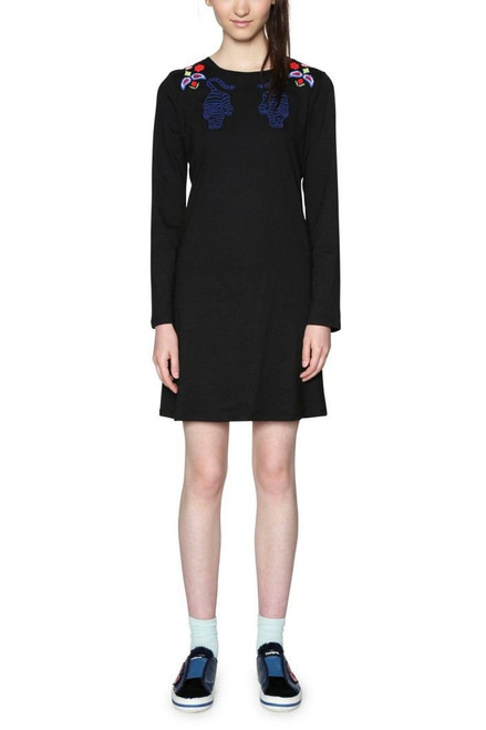 Desigual Embroidered Long Sleeve Dress, Black, Medium