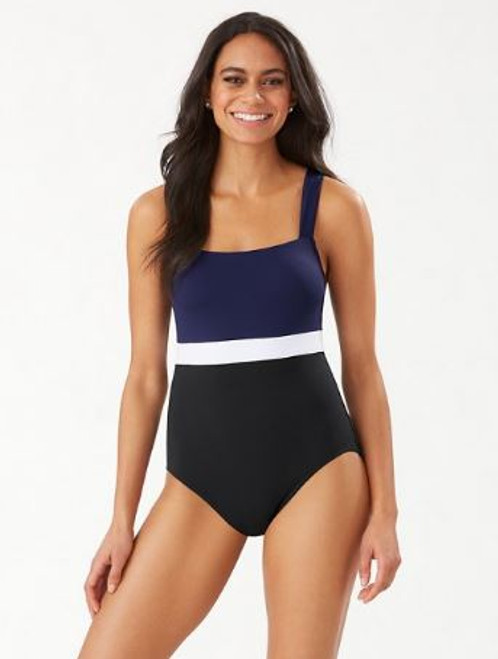 Tommy Bahama Island Cays Colorblock Square-Neck One-Piece Swimsuit, Black, 4