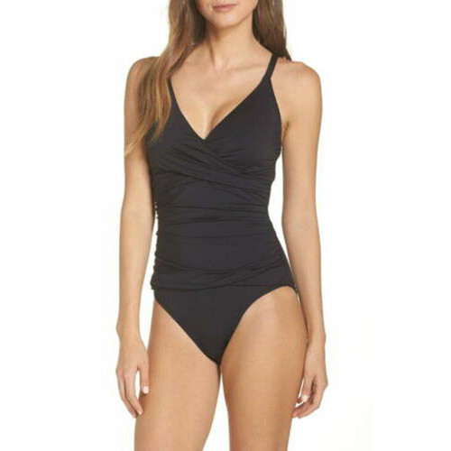 Tommy Bahama Pearl Wrap-Front One-Piece Swimsuit, Black, 10 D/DD