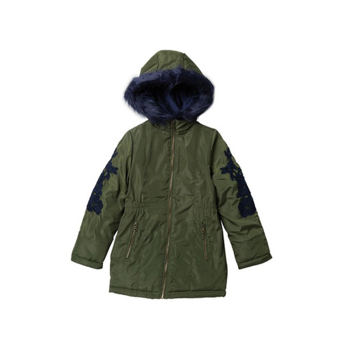 Jessica Simpson Girls Lace Applique Faux Fur Trim Solid Parka, Green, M (10-12)