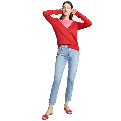 Adam Lippes Merino Long Sleeve V-Neck Intarsia Crew Neck Sweater Hot Pink/Red LG