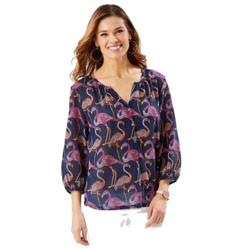 Tommy Bahama Let's Flamingle 3/4-Sleeve Gauze Top, Island Navy, S