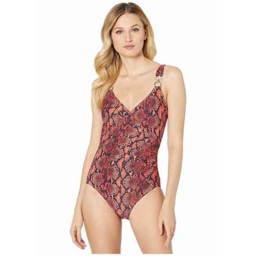 Michael Kors Snake Print One-Piece Faux Wrap, Persimmon, 16