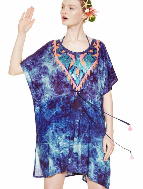 Desigual Women's France Tye-Dye Kaftan Top Cover-Up, Blue/Purple, Y