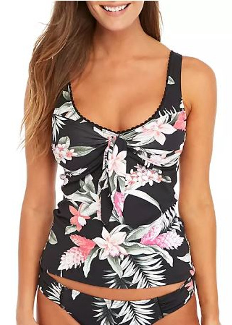 Tommy Bahama Ginger Flowers Faux Tie Swim Tankini Top, Black, S