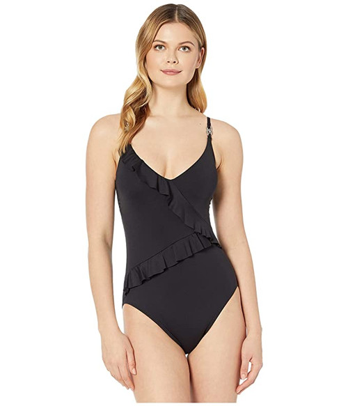 Michael Kors Iconic Solids Lingerie Ruffle One-Piece, Black, 14