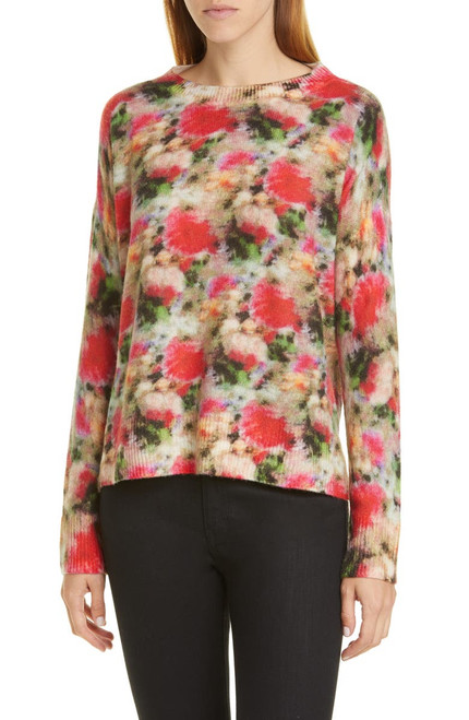 Adam Lippes Brushed Cashmere Floral Long Sleeve Crew Neck Sweater Multi Floral LG