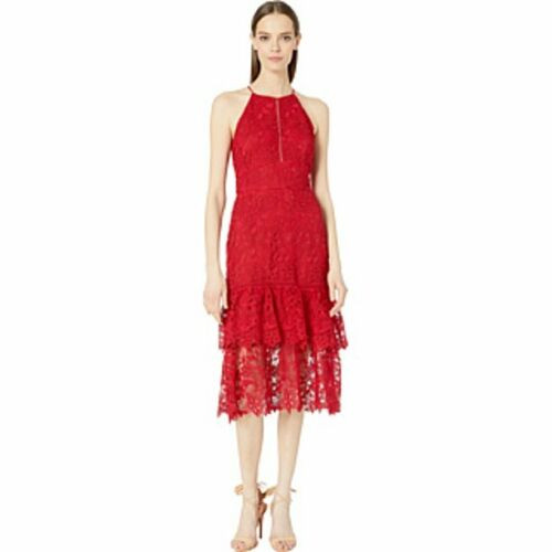 Rachel Zoe Annalise Tiered Guipure Lace Midi Dress, Crimson, 0