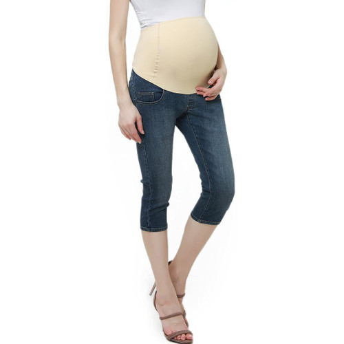 Momo Maternity Stretchy Full Panel Capri Pants, Medium Indigo Blue, 25 X 33