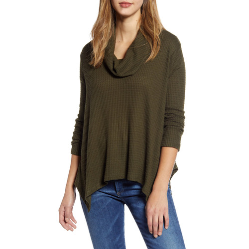 Bobeau Women's Cowl Neck Shark Bite Hem Waffle Knit Top, Green, Medium