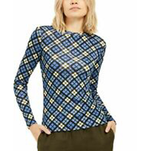 Michael Michael Kors Top Blue Knit Plaid Long Sleeve, X-Small