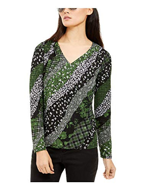 Michael Kors Womens Green Printed Long Sleeve V Neck Top Size S