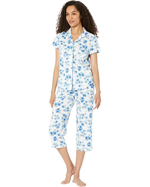 Karen Neuburger Short Sleeve Girlfriend Top and Cozy Bottom Pajama Set, Rain Shadow Floral, Small Petite
