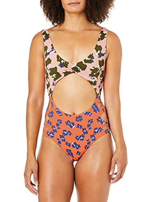 Bikini Lab Women's Standard High Leg Lace Side One Piece Swimsuit, Orange//Feline fine, Medium