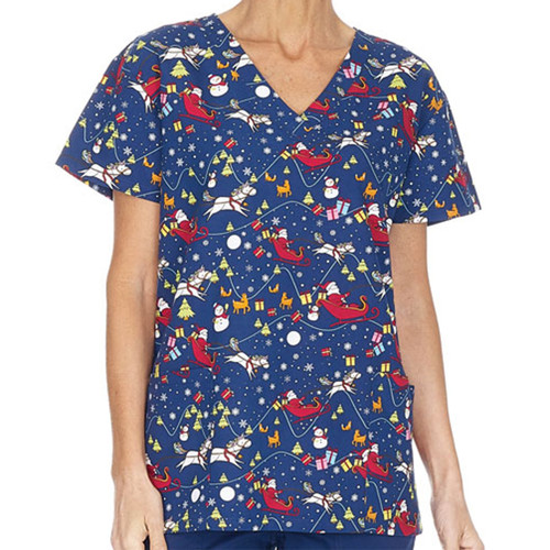 Super Soft Microfiber Christmas Holiday Themed Print Scrub Top Women's Uniform