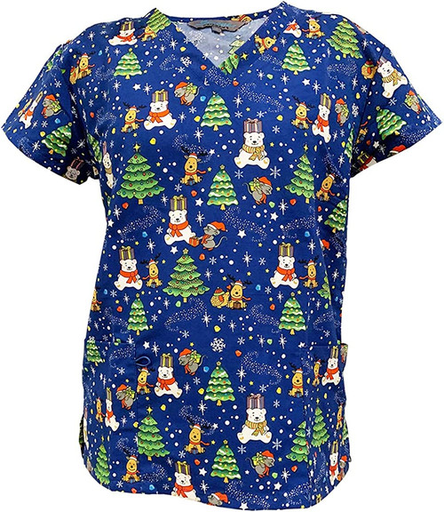 V-Neck Stretch Microfiber Christmas Scrub Top, Bear Hugs Christmas Present, XXL