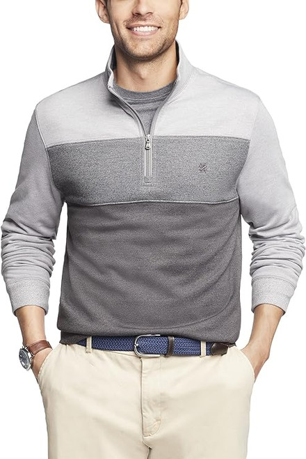 IZOD Men's Fit Advantage Performance Quarter Zip Fleece Pullover Sweatshirt, Light Grey Heather Tri-Block, X-Large Slim