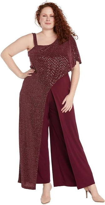 RM Richards Sequin Overlay Draped Shoulder Formal Jumpsuit 8, Merlot