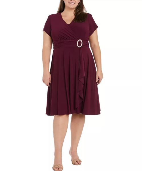 R & M Richards Short-Sleeve Cascade Dress, Berry, 16W