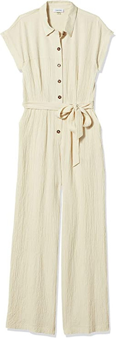 Calvin Klein Women's Button Front Jumpsuit Tie Waist, Wheat, 8