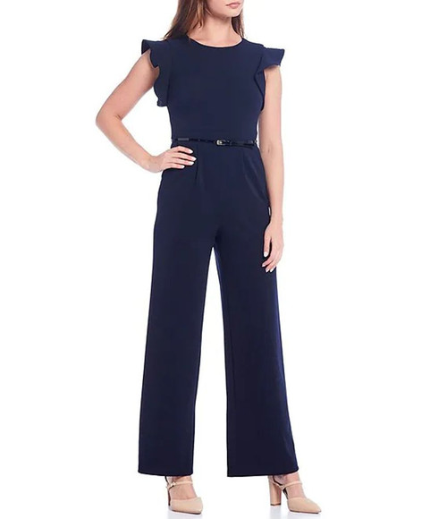 Calvin Klein Ruffle Cap Sleeve Belted Scuba Crepe Jumpsuit, Indigo,12