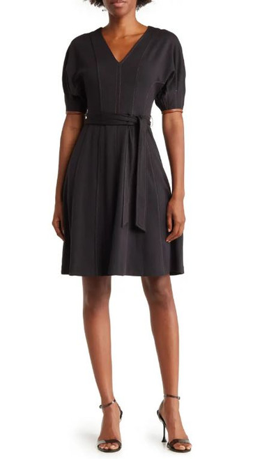 Calvin Klein V-Neck Puff Sleeve Fit & Flare Dress, Black/Tortoise, 4