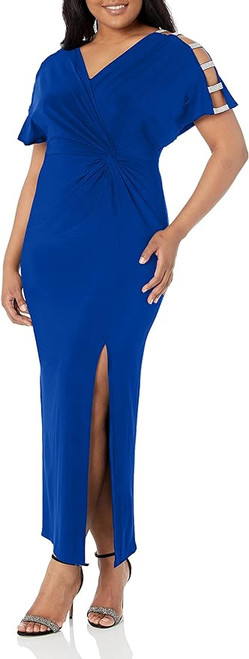 Alex Evenings Women's Petite Long Knot Front Dress with Embellished Short Sleeve, Dark Royal, 14P