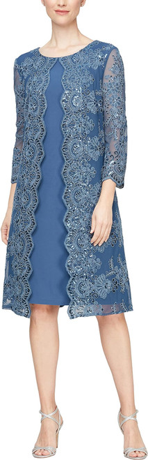 Alex Evenings Women's Midi Scoop Neck Shift Dress with Jacket (Petite and Regular), Vintage Blue Large Floral, 10