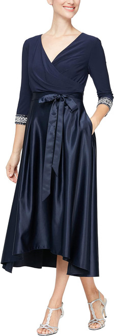 Alex Evenings Women's Satin Ballgown Dress with Pockets (Petite and Regular Sizes), Navy Beaded, 8P